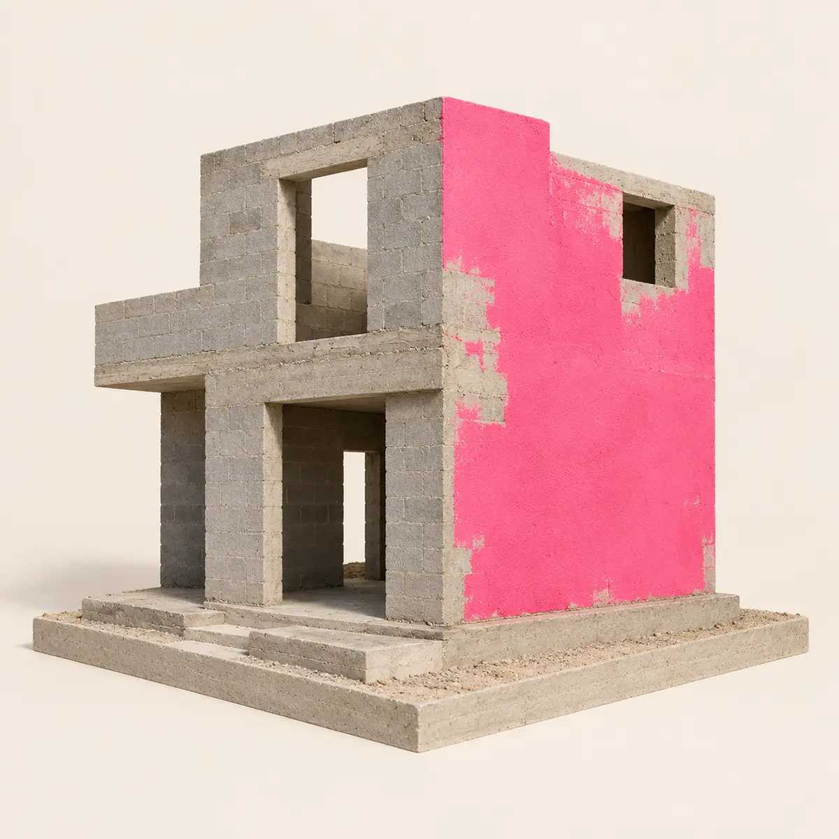 Casa en obra gris con una pared rosa sin terminar, metáfora de un logo sin estrategia de marca.