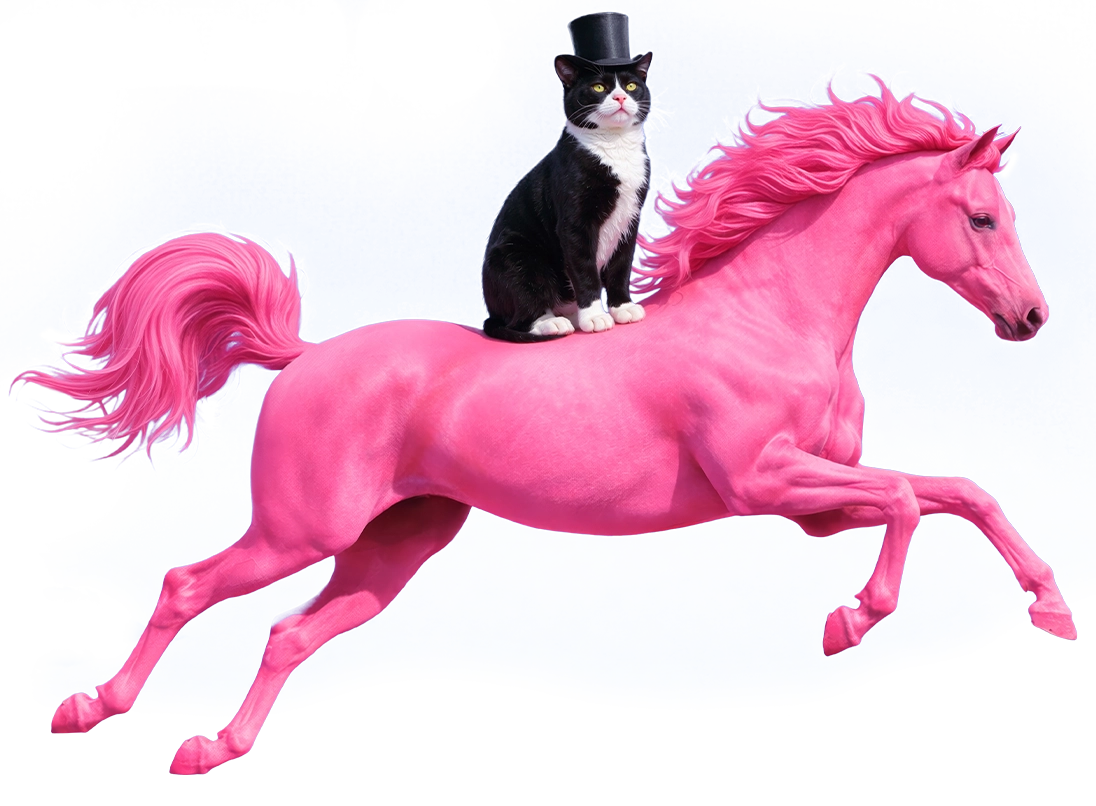 un gato en un caballo rosa, los clientes son muy importantes para neon neon studio