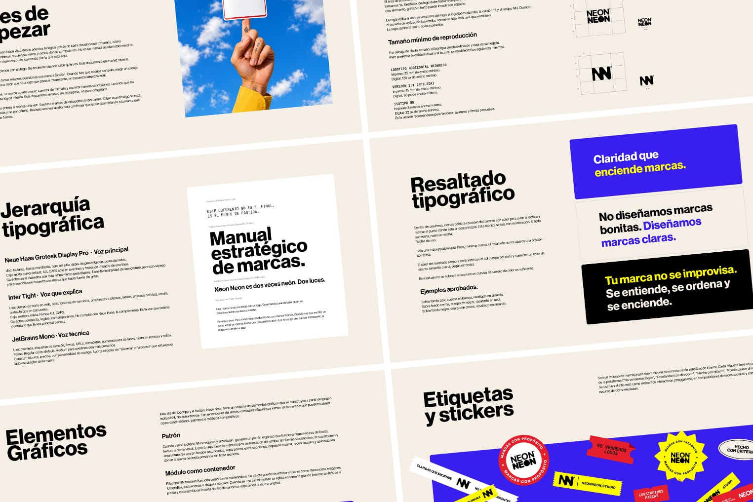 Ejemplo de la jerarquía tipográfica del Manual de Marca de Neon Neon Studio